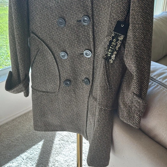 Vertigo Paris Large Long Peacoat NWT Tan/Black Combo Warm Fall/Winter Coat - Picture 2 of 8